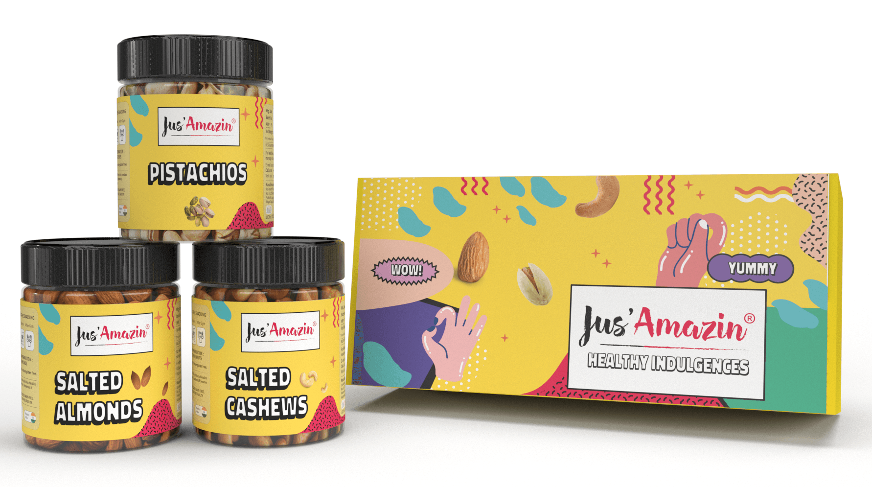 Jus Amazin’s Funky Gift box of Healthy Nuts for Gifting 300g (Pack of 3*100g) - Wildermart